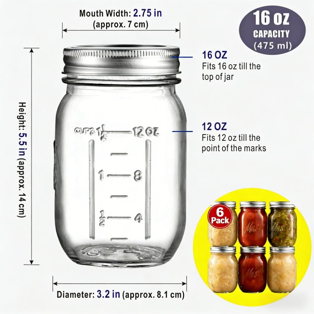 16 oz 6-Pack Regular Mouth Glass Mason Jars with Airtight Lids V6152