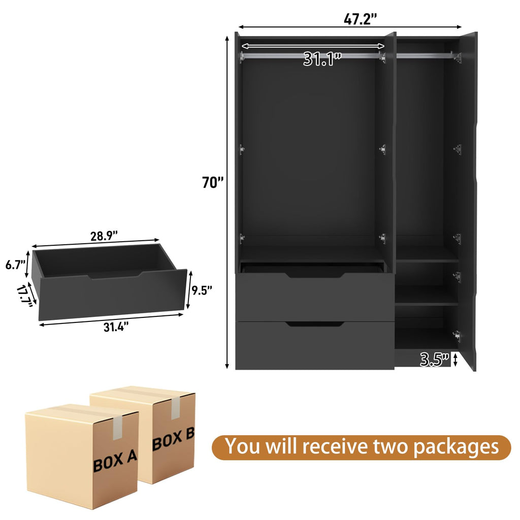 3 Doors Armoire Wardrobe Closet with Mirror, 2 Drawers, LED Light, Hanging Rod, Black E27424