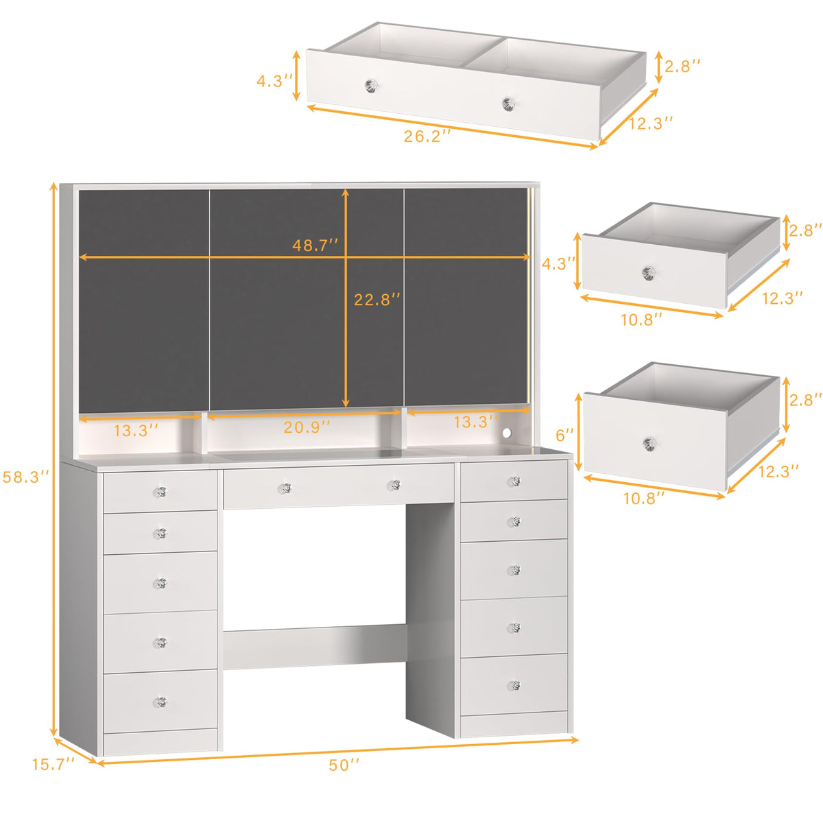 50'' White Glass Top Makeup Vanity with 11 Drawers and LED Mirror E1226