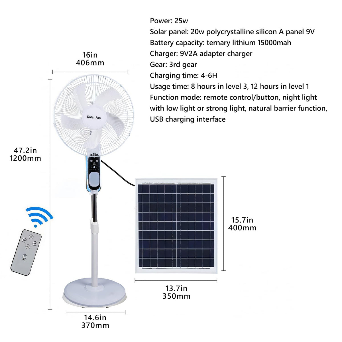 16in Solar Vertical Fan with Remote Control A628
