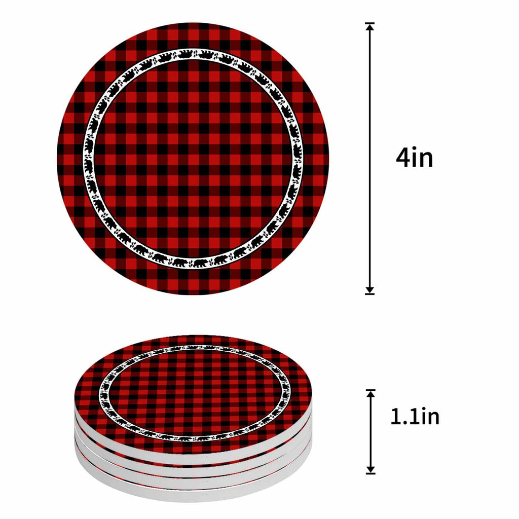 Red Black Buffalo Plaid Set of 6 Absorbent Stone Ceramic Coasters with Holder U517