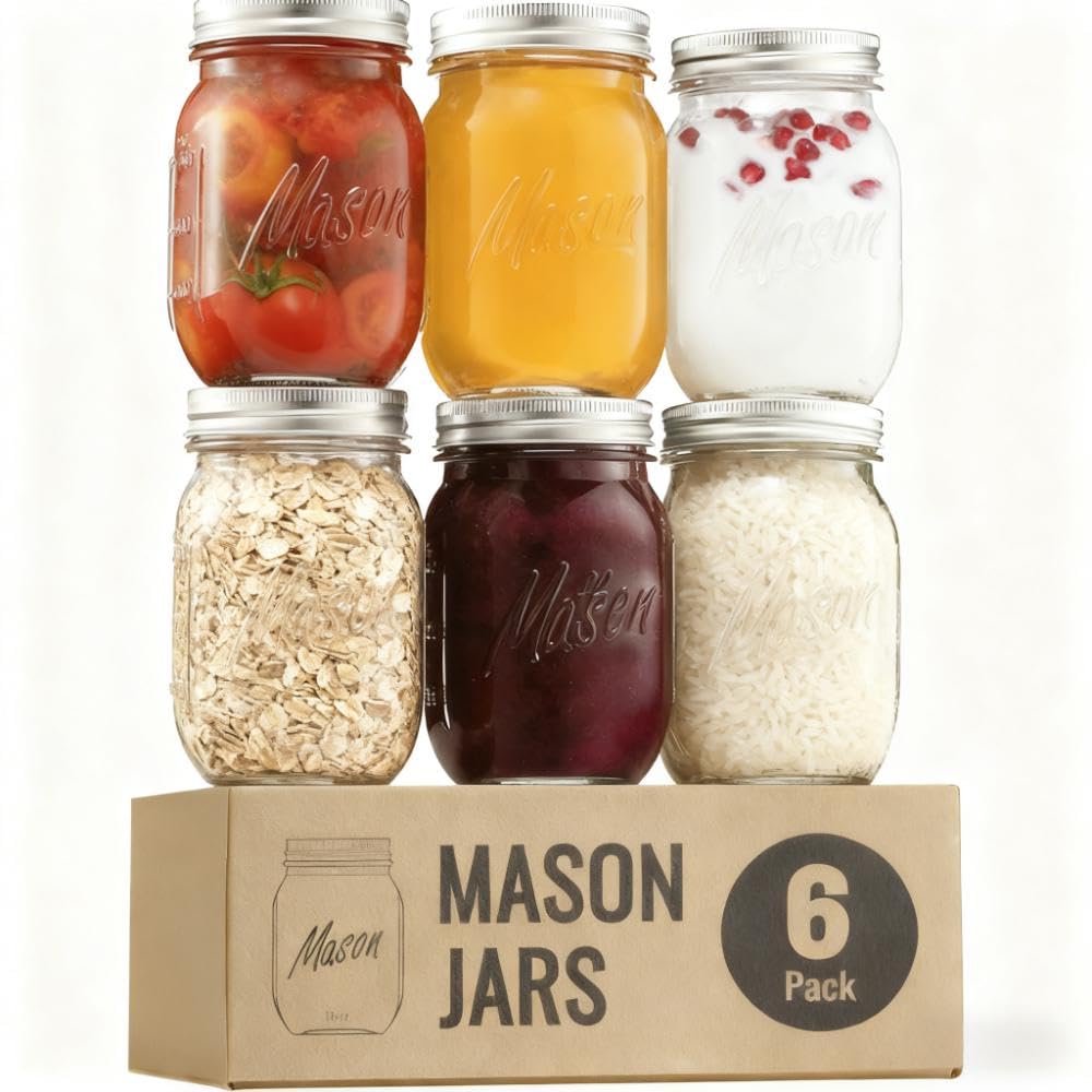 16 oz 6-Pack Regular Mouth Glass Mason Jars with Airtight Lids V6152