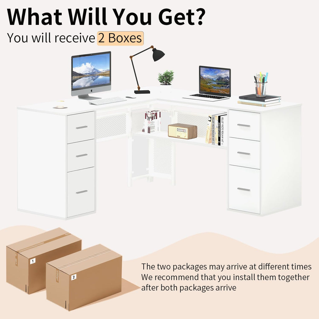 White L Shaped Desk with Drawers H392