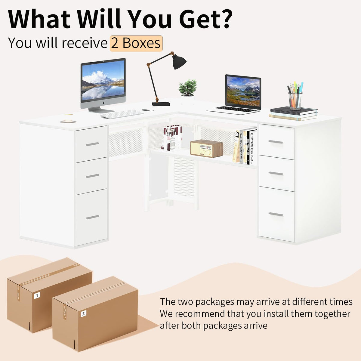 White L Shaped Desk with Drawers H392