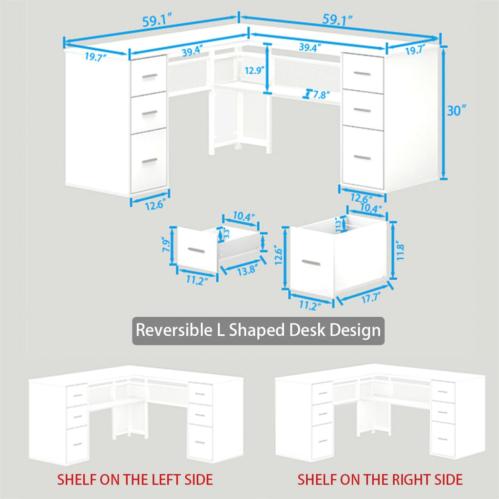 White L Shaped Desk with Drawers H392