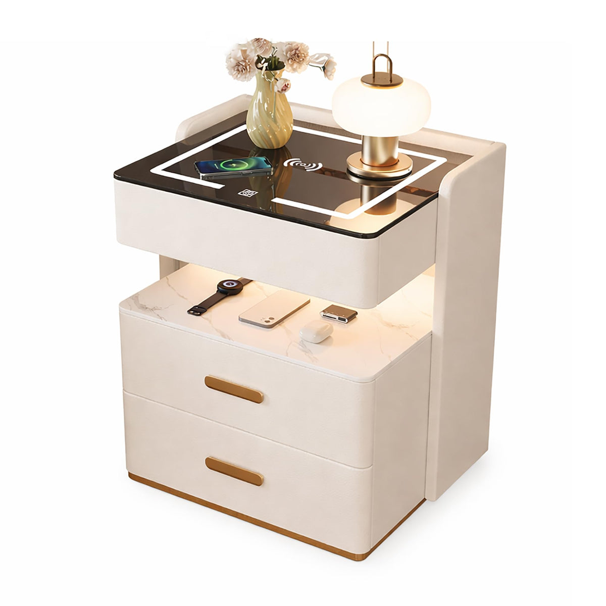 Smart Nightstand with 2 Storage Drawer, Wireless Charging Station, 3-Color Adjustable LED Light, Solid Wood Side Table D762