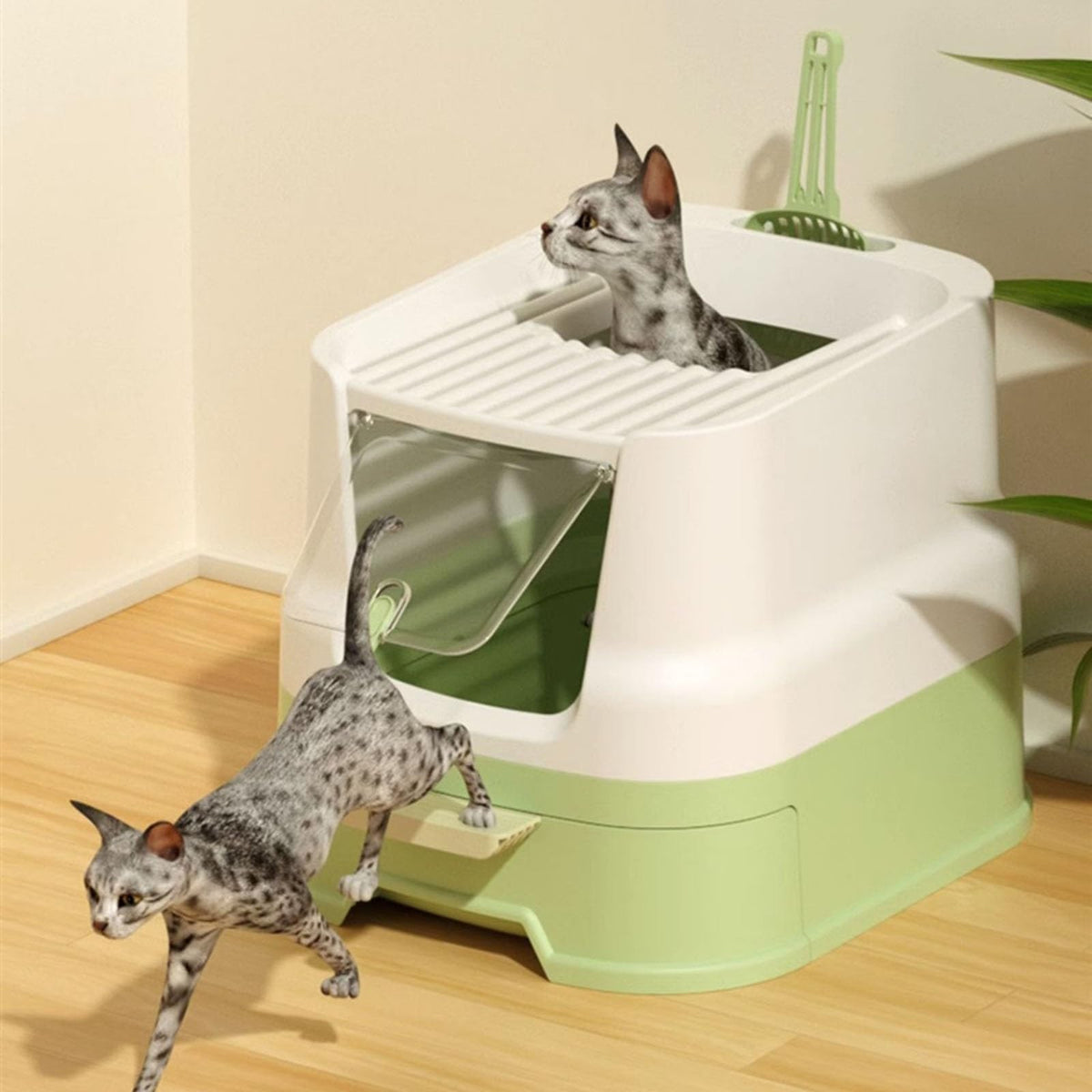 Cat Litter Box with Lid, Top Entry with Scoop, Enclosed Plastic with Drawer I45982