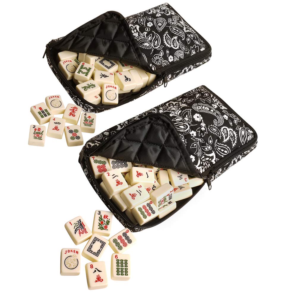 Black Paisley Mahjong Set with Soft Bag, 166 Ivory Colored Engraved Tiles, 4 All-in-One Rack/Pushers R60283