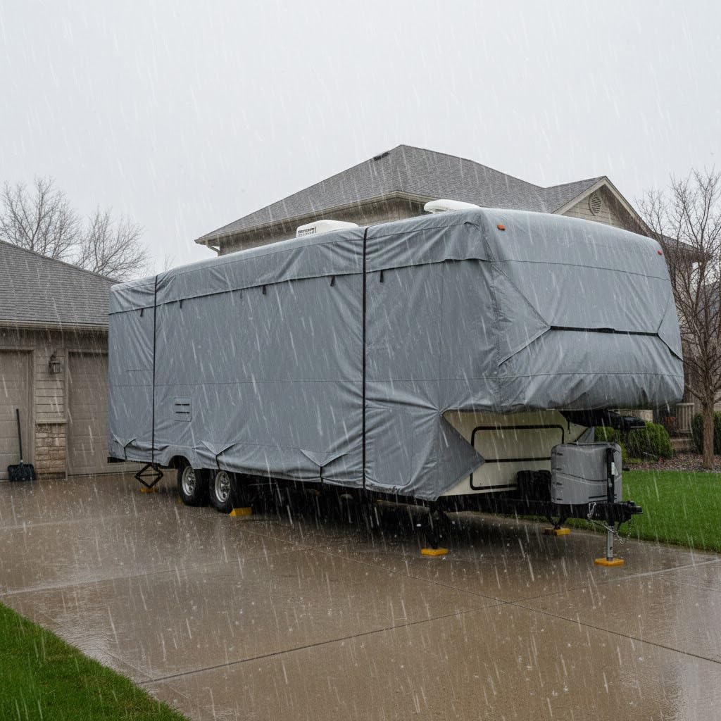 5th Wheel RV Trailer Cover 5 Layers with Windproof Side-Straps Heavy Duty 24' - 26' O218