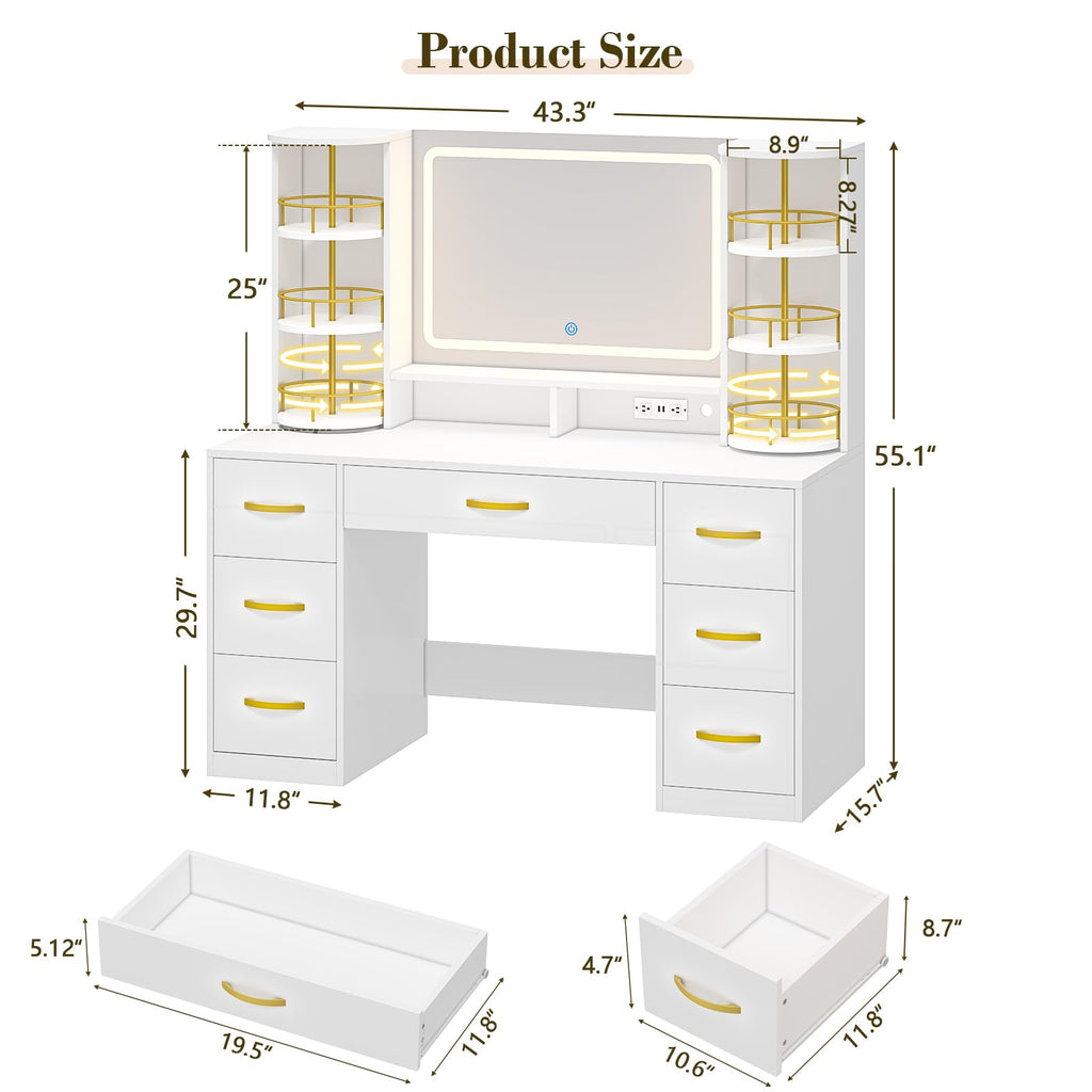 Vanity Desk with Mirror and Lights, 7 Drawers T848075