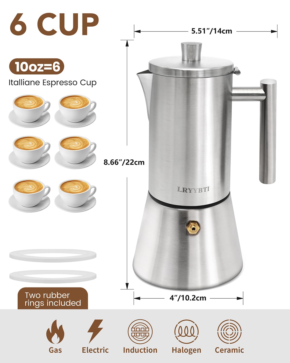 6 Cup Stainless Steel Stovetop Moka Pot L832