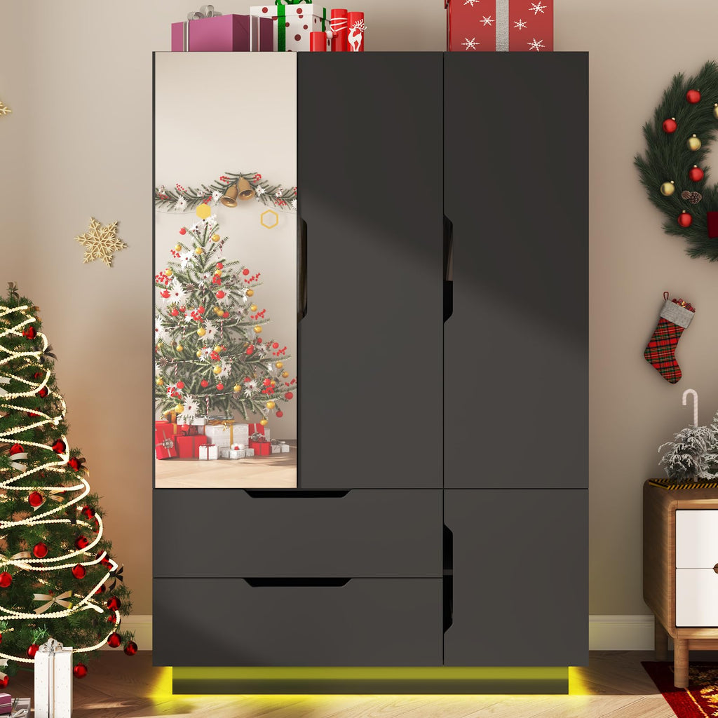 3 Doors Armoire Wardrobe Closet with Mirror, 2 Drawers, LED Light, Hanging Rod, Black E27424