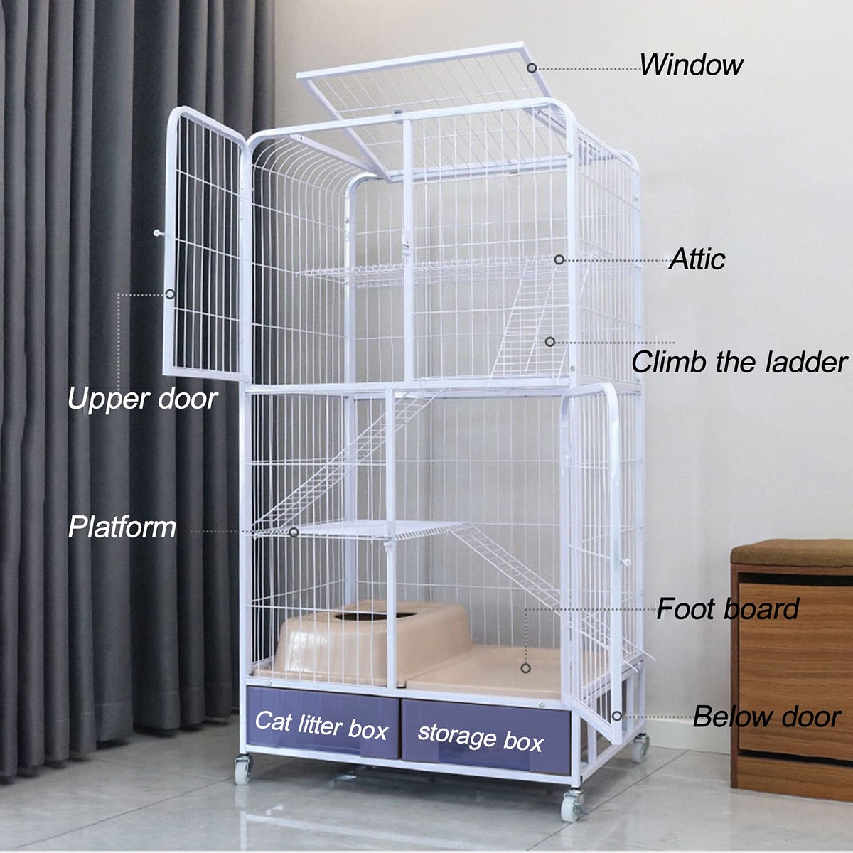 Pink Folding Metal Cat Cage Dog Crate with Four Wheels M288381