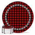 Red Black Buffalo Plaid Set of 6 Absorbent Stone Ceramic Coasters with Holder U517