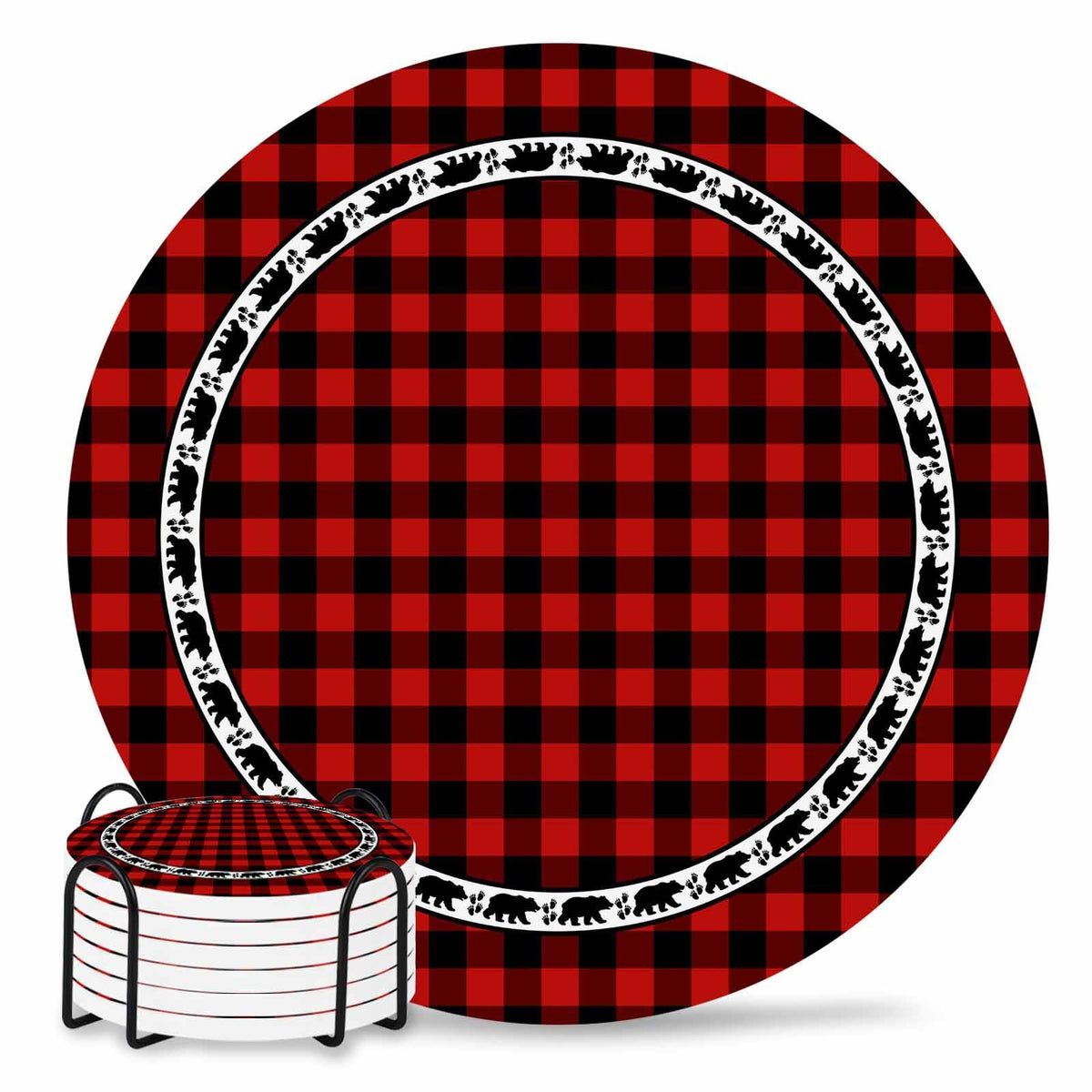 Red Black Buffalo Plaid Set of 6 Absorbent Stone Ceramic Coasters with Holder U517