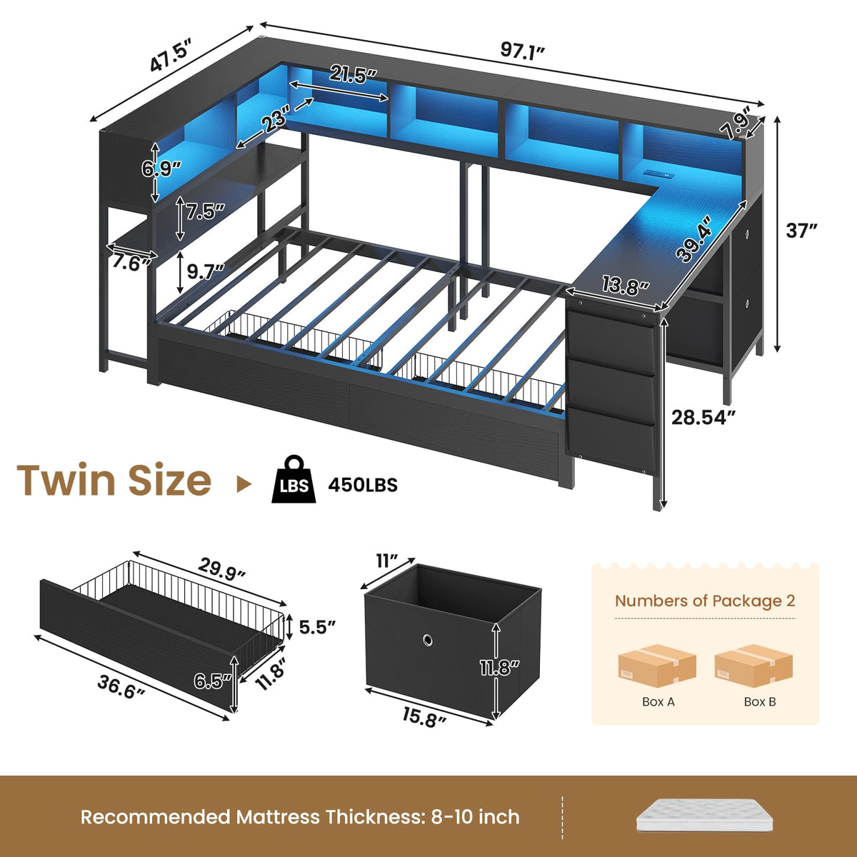 Black Twin Size Corner Bed Frame with Desk and Storage Q338505