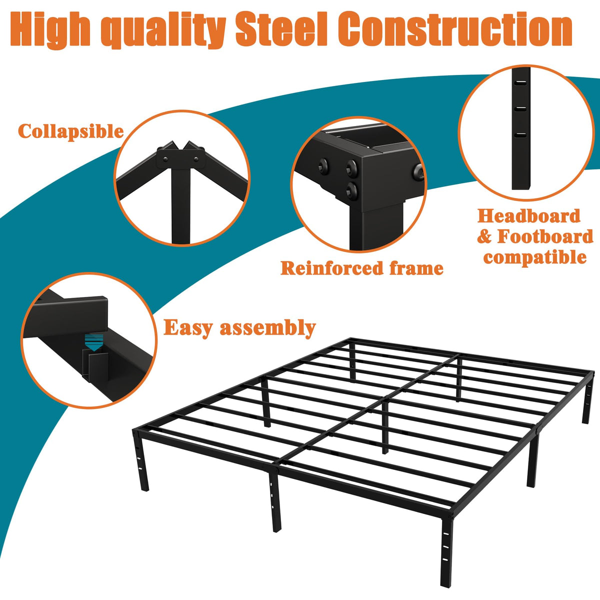 Queen Size Black Metal Platform Bed Frame U9319