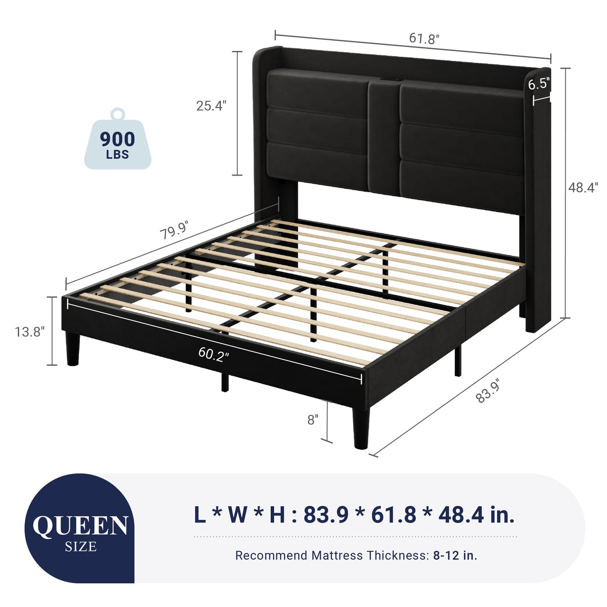 Queen Size Black Velvet Upholstered Platform Bed Frame with Storage Headboard F400