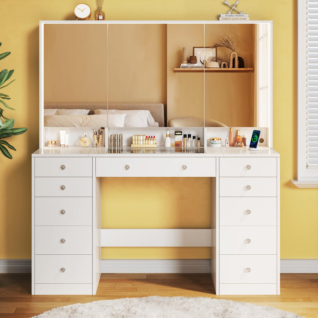 50'' White Glass Top Makeup Vanity with 11 Drawers and LED Mirror E1226