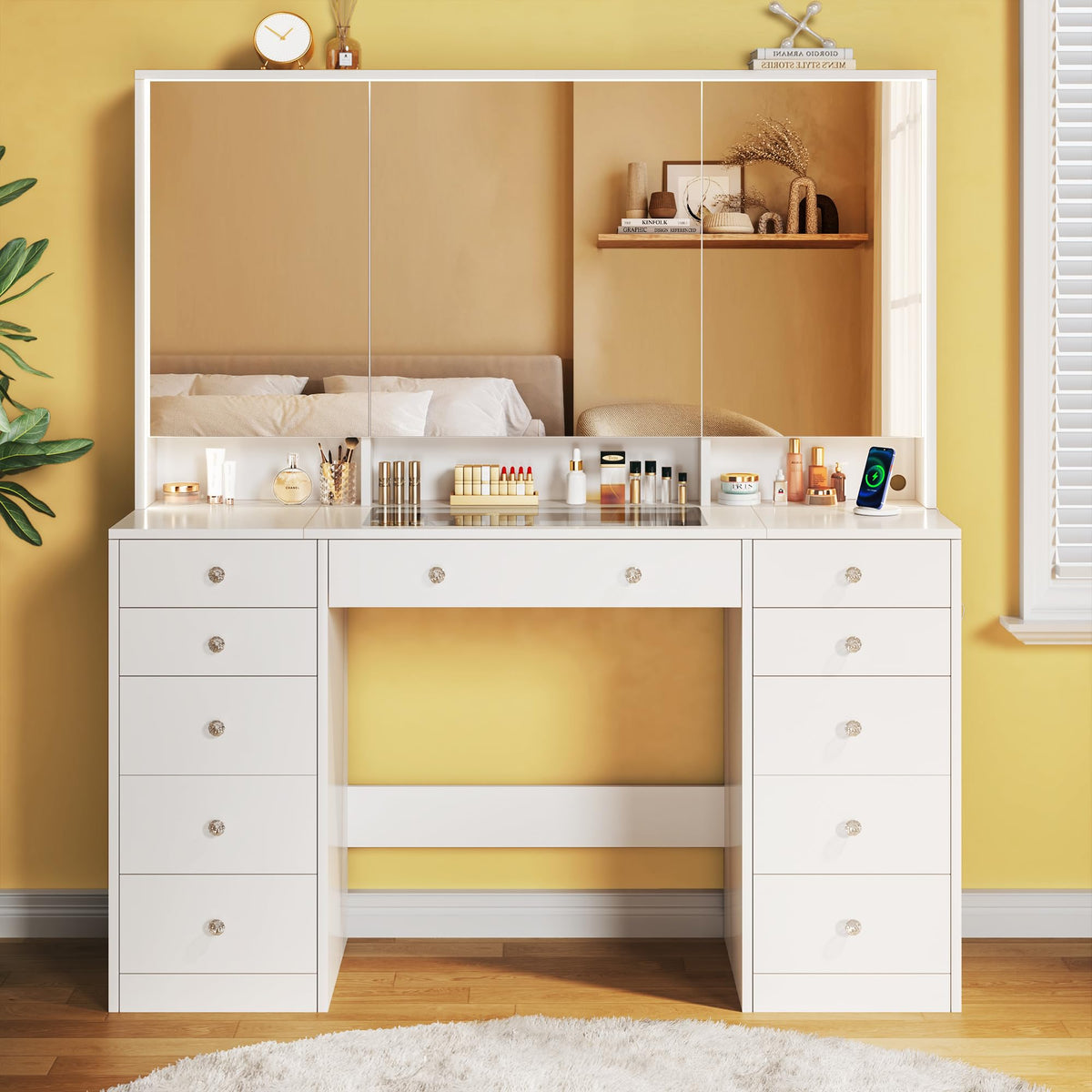 50'' White Glass Top Makeup Vanity with 11 Drawers and LED Mirror E1226