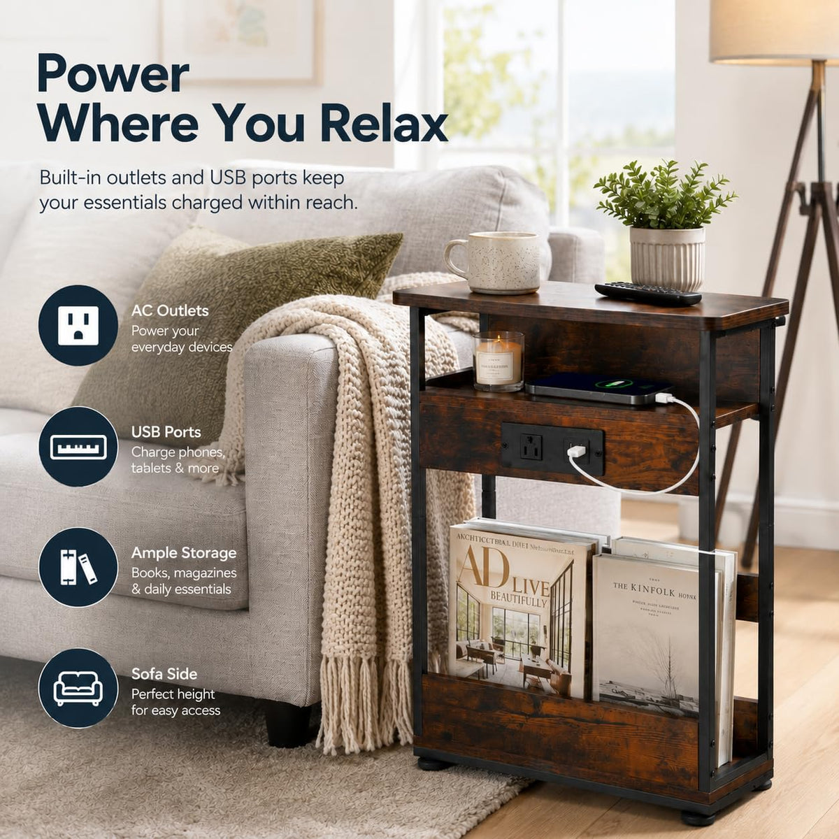 Narrow Side Table with Charging Station T476010