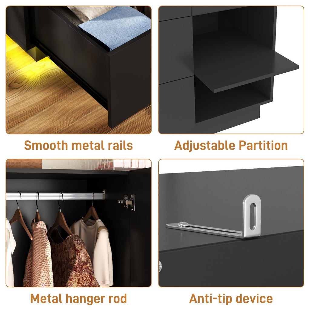 3 Doors Armoire Wardrobe Closet with Mirror, 2 Drawers, LED Light, Hanging Rod, Black E27424