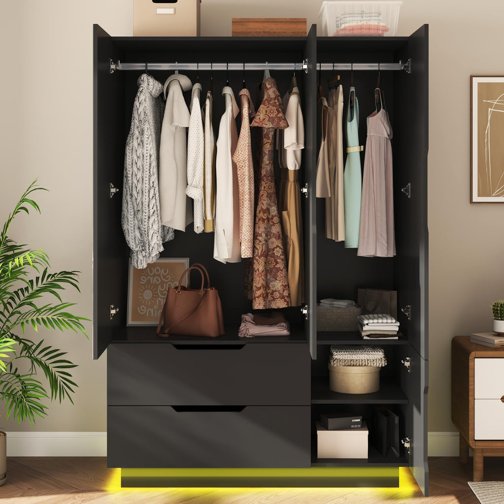 3 Doors Armoire Wardrobe Closet with Mirror, 2 Drawers, LED Light, Hanging Rod, Black E27424