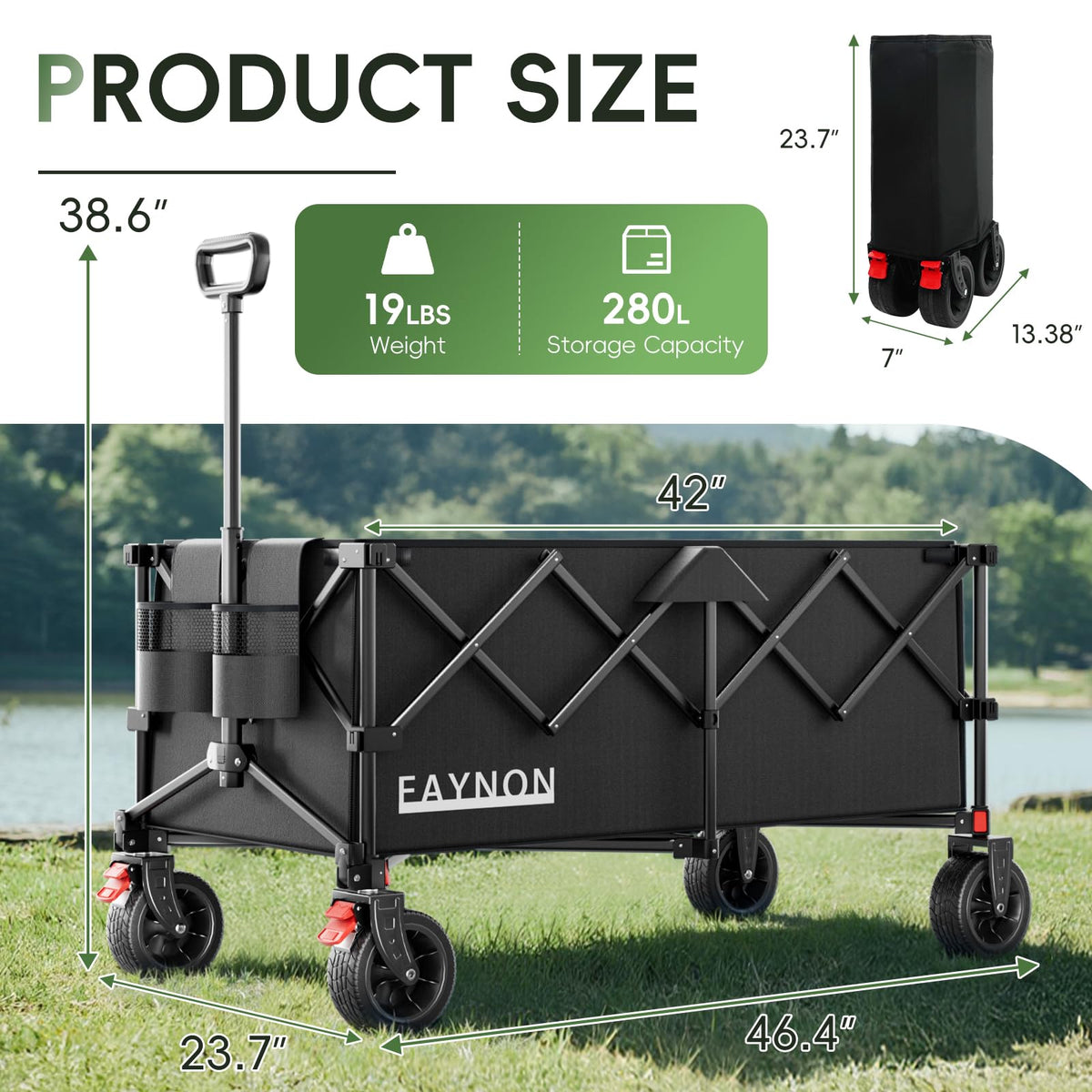 46" Collapsible Foldable Extended Wagon, 500LB Weight Capacity with 280L Heavy Duty Folding Cart, Black B7022