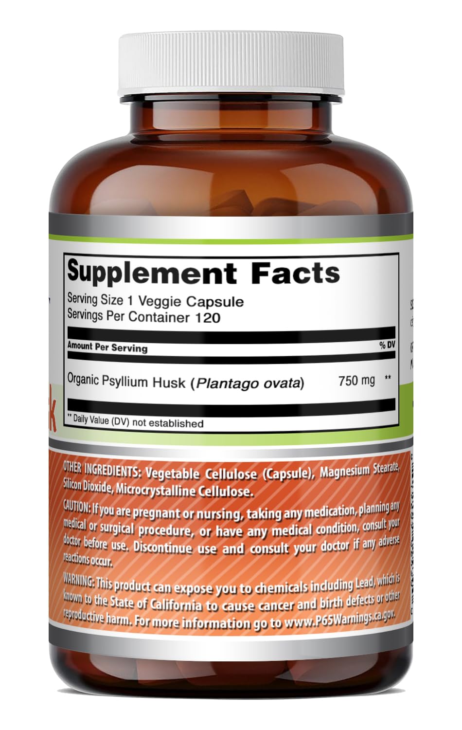 Psyllium Husk 750mg Veggie Capsules Supplement 120 Count M125