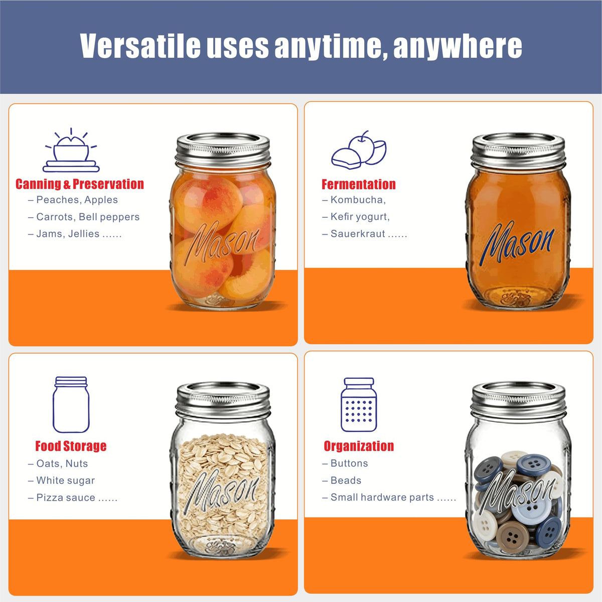 16 oz 6-Pack Regular Mouth Glass Mason Jars with Airtight Lids V6152