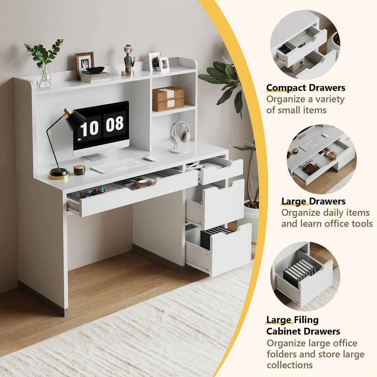 White Desk with Hutch and 4 Drawers M436972