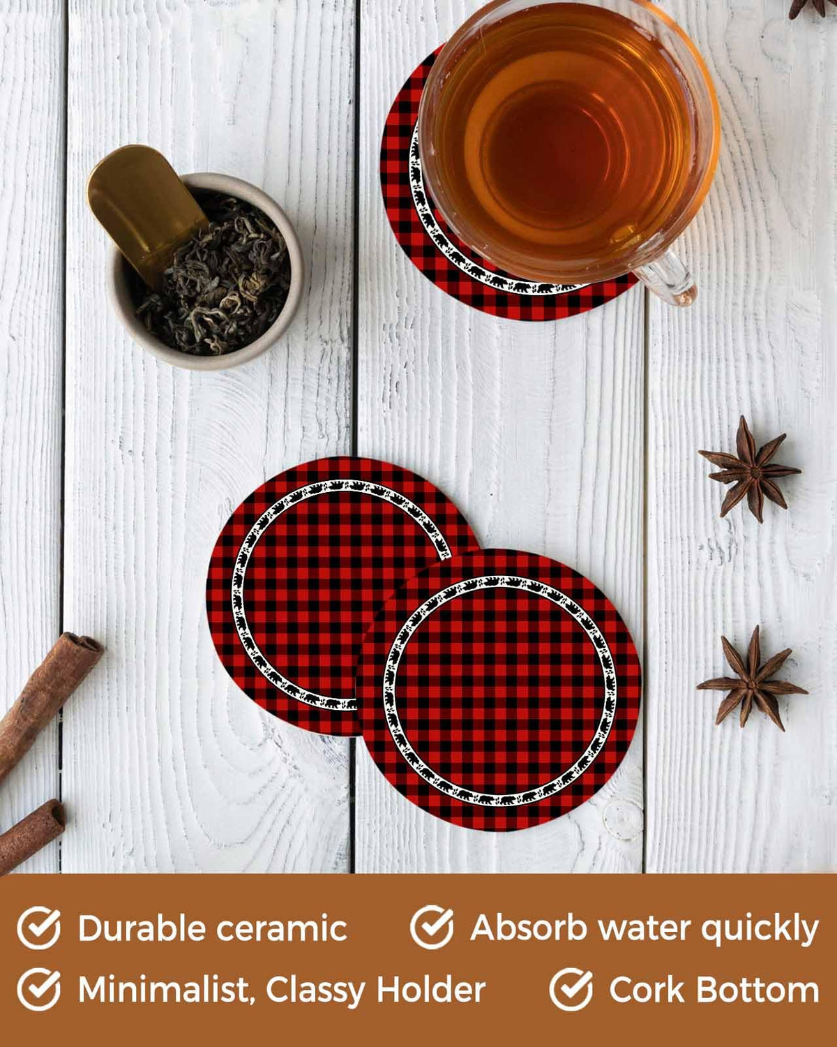 Red Black Buffalo Plaid Set of 6 Absorbent Stone Ceramic Coasters with Holder U517
