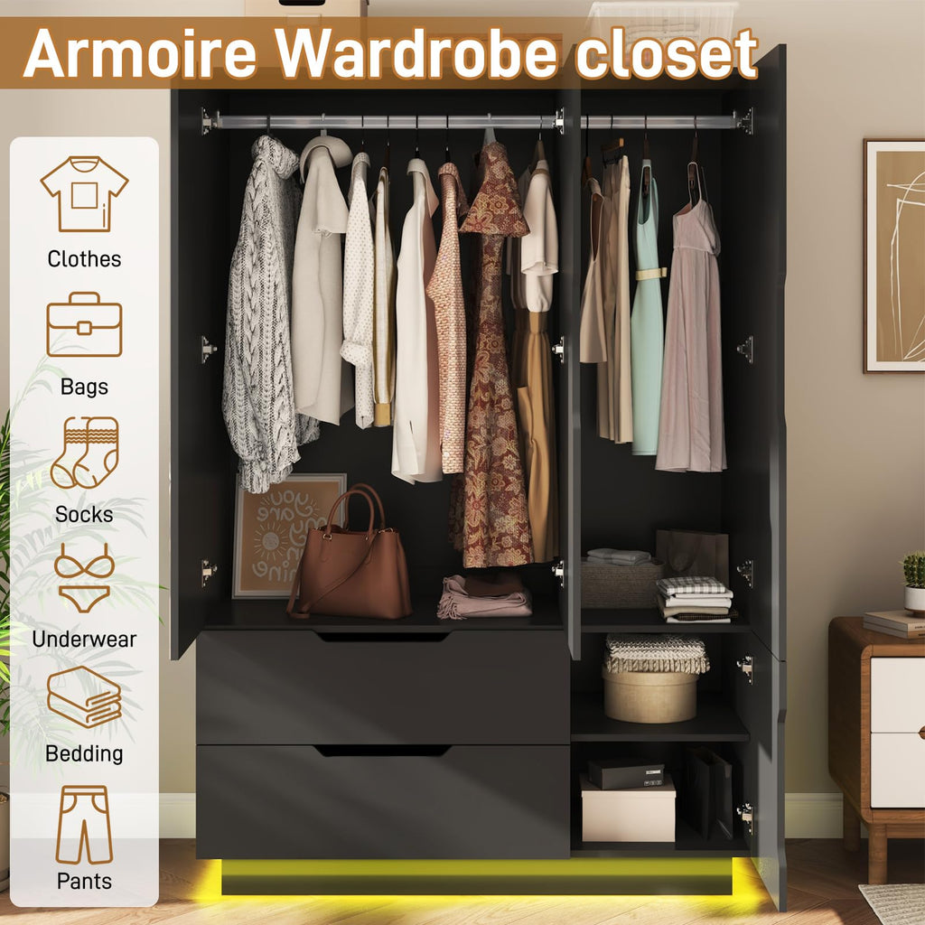 3 Doors Armoire Wardrobe Closet with Mirror, 2 Drawers, LED Light, Hanging Rod, Black E27424