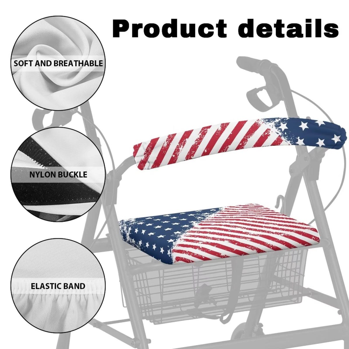 Blue White Star and Red Stripes Rollator Walker Seat and Backrest Covers L31432