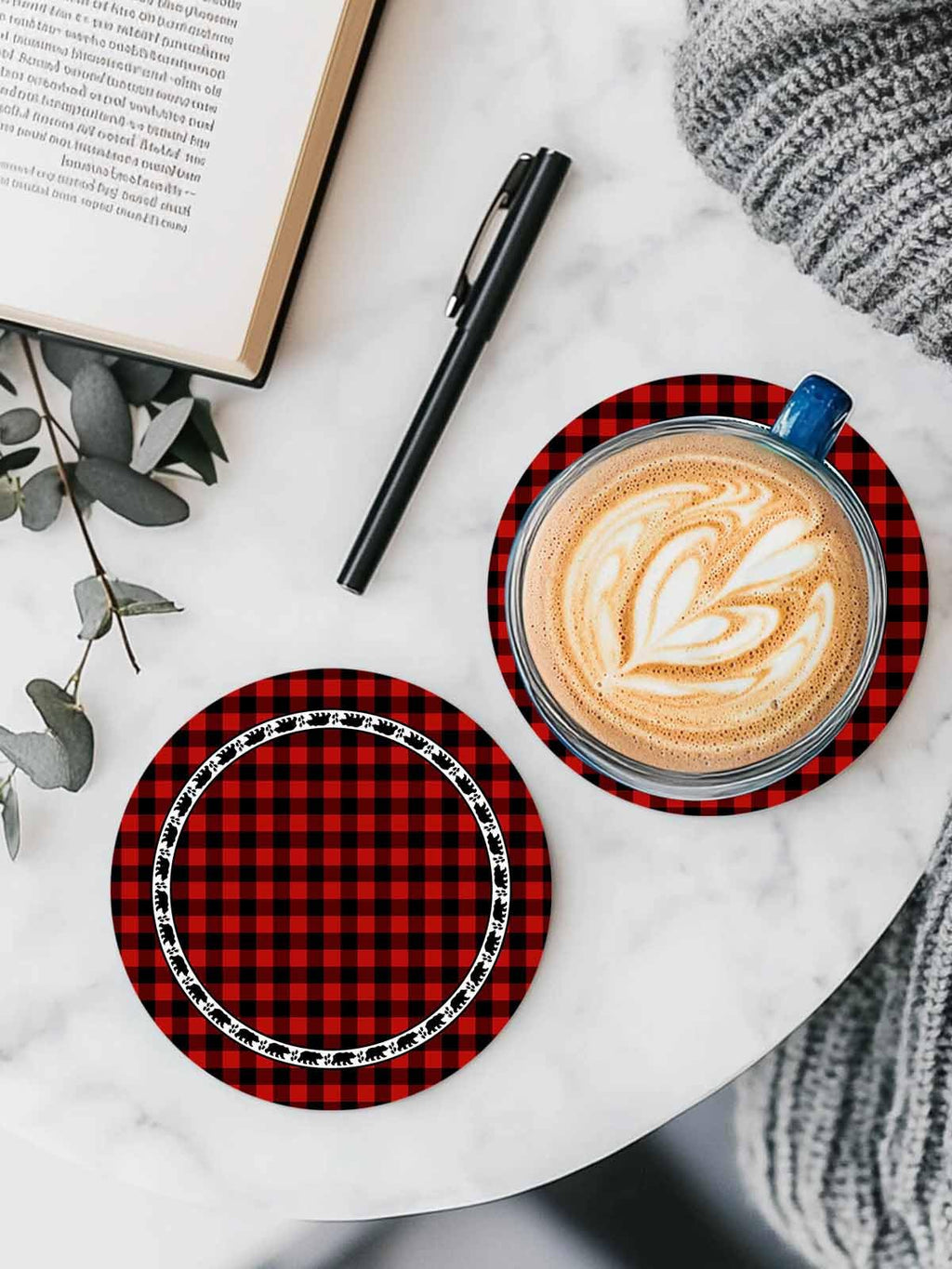 Red Black Buffalo Plaid Set of 6 Absorbent Stone Ceramic Coasters with Holder U517