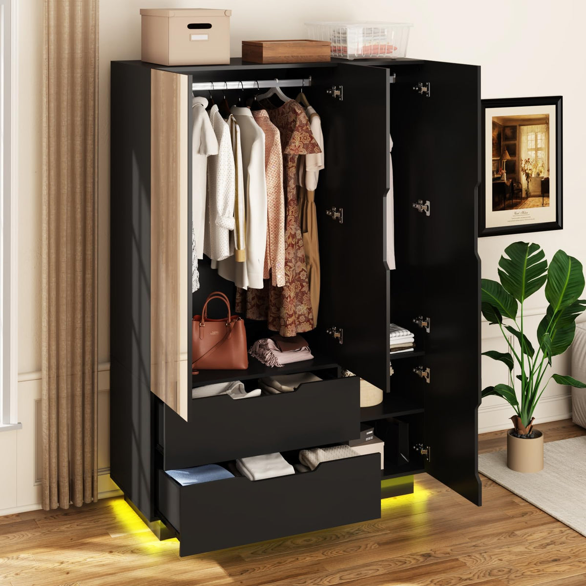 3 Doors Armoire Wardrobe Closet with Mirror, 2 Drawers, LED Light, Hanging Rod, Black E27424