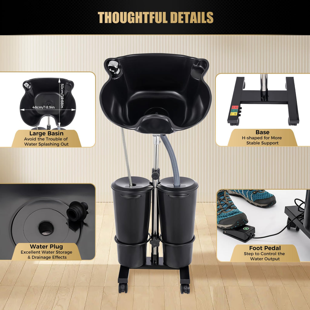 Portable Shampoo Bowl with Electric Pump, 2 Buckets, Adjustable Height T96721