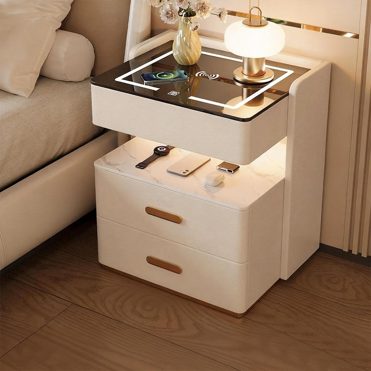 Smart Nightstand with 2 Storage Drawer, Wireless Charging Station, 3-Color Adjustable LED Light, Solid Wood Side Table D762