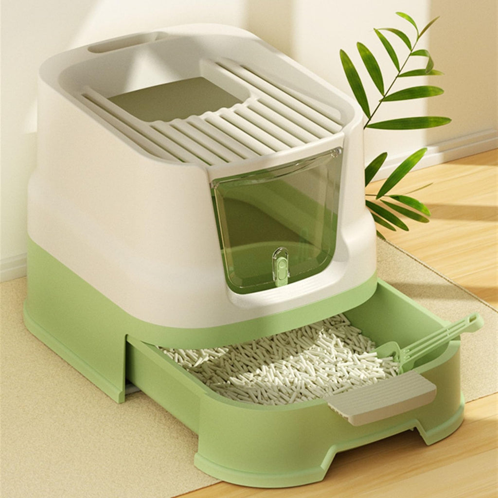 Cat Litter Box with Lid, Top Entry with Scoop, Enclosed Plastic with Drawer I45982