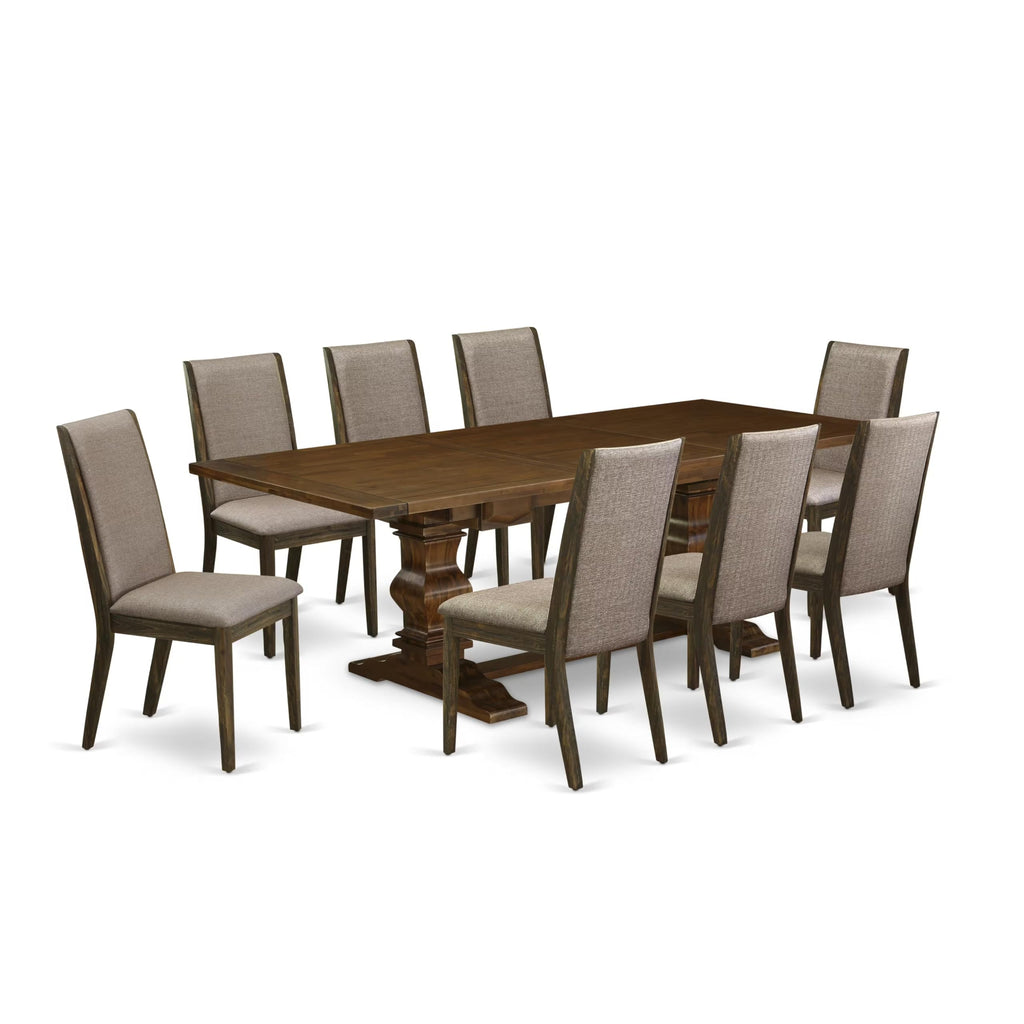 9 Piece Walnut Dining Table Set with Butterfly Leaf and 8 Dark Khaki Linen Fabric Chairs K3591