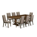 9 Piece Walnut Dining Table Set with Butterfly Leaf and 8 Dark Khaki Linen Fabric Chairs K3591