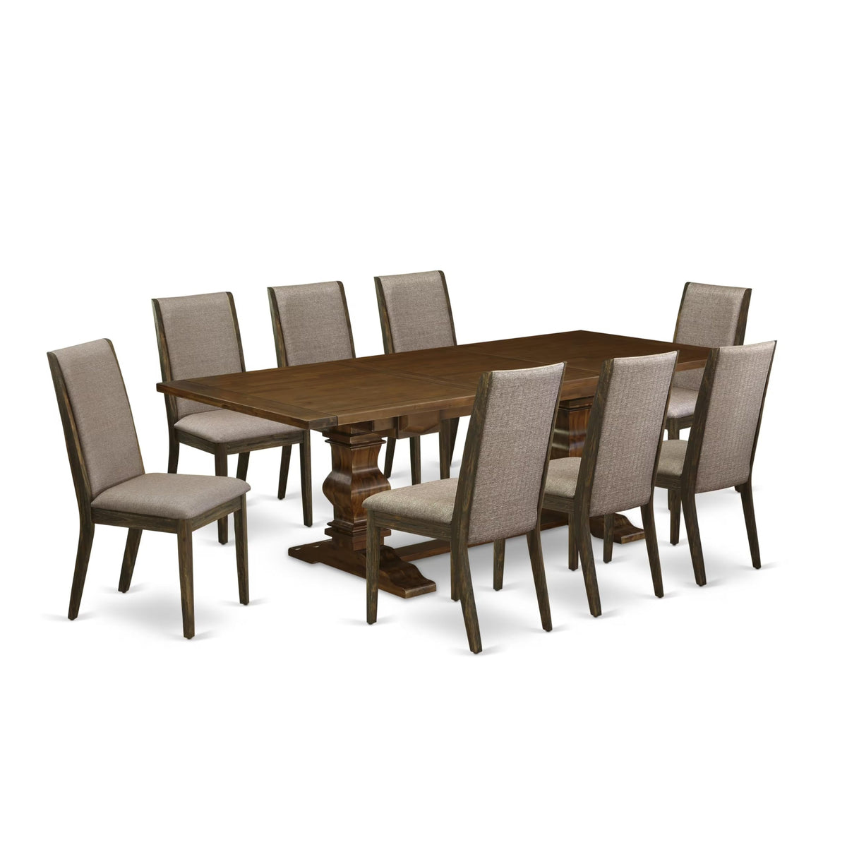 9 Piece Walnut Dining Table Set with Butterfly Leaf and 8 Dark Khaki Linen Fabric Chairs K3591