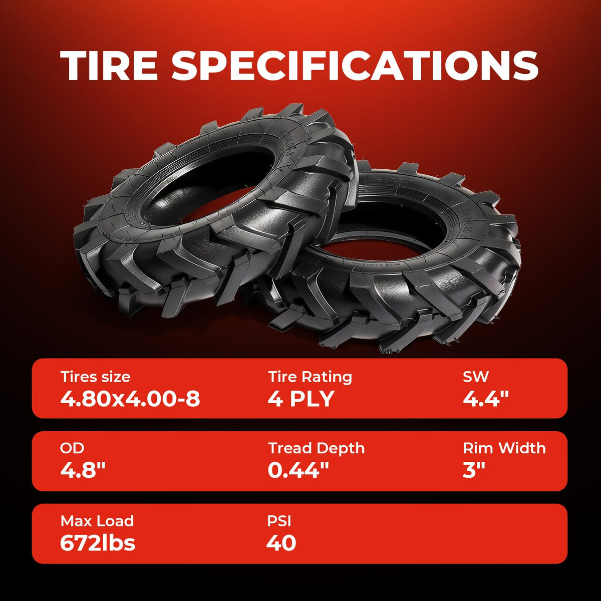 4.80x4.00x8 Lawn & Garden Mower Tires, Set of 2, 4 Ply Tubeless S892955