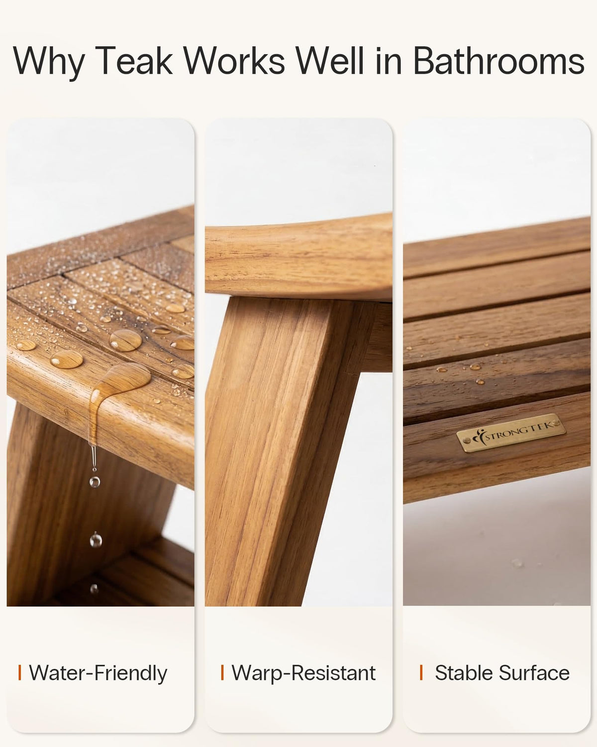 Teak Shower Stool with Shelf, 18 in, 400 lb Capacity N1852