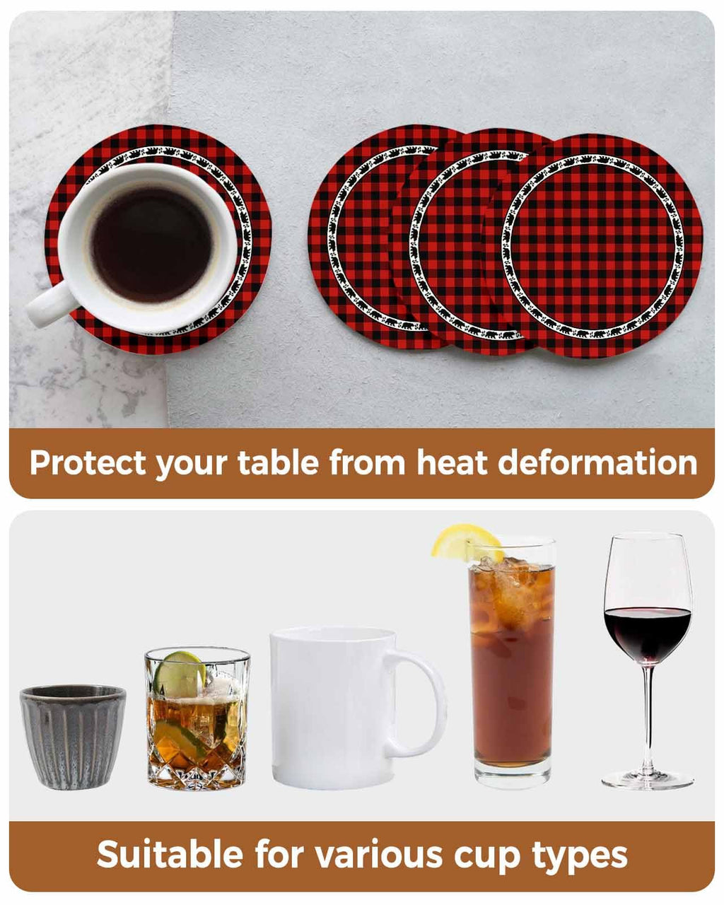 Red Black Buffalo Plaid Set of 6 Absorbent Stone Ceramic Coasters with Holder U517