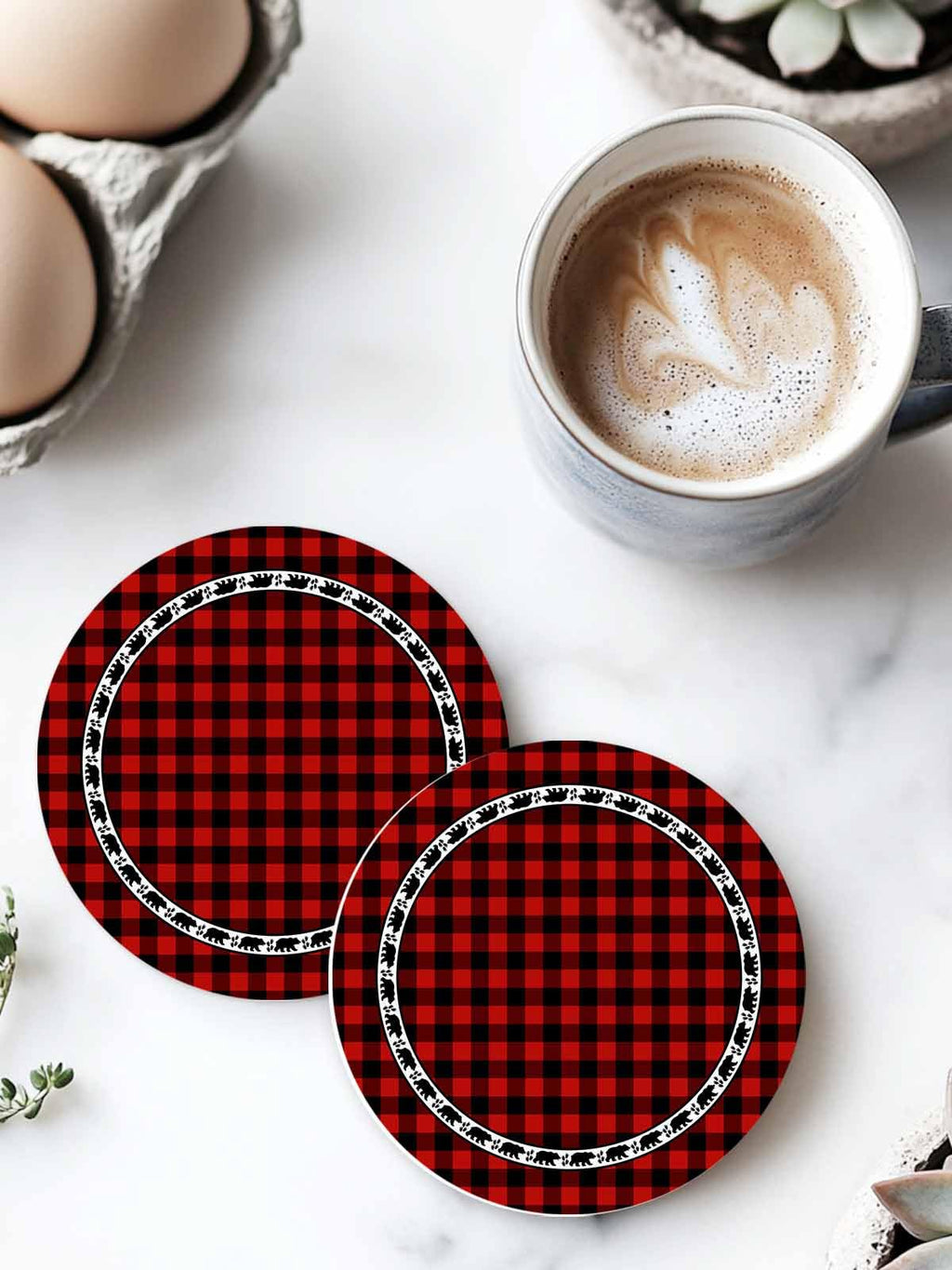 Red Black Buffalo Plaid Set of 6 Absorbent Stone Ceramic Coasters with Holder U517
