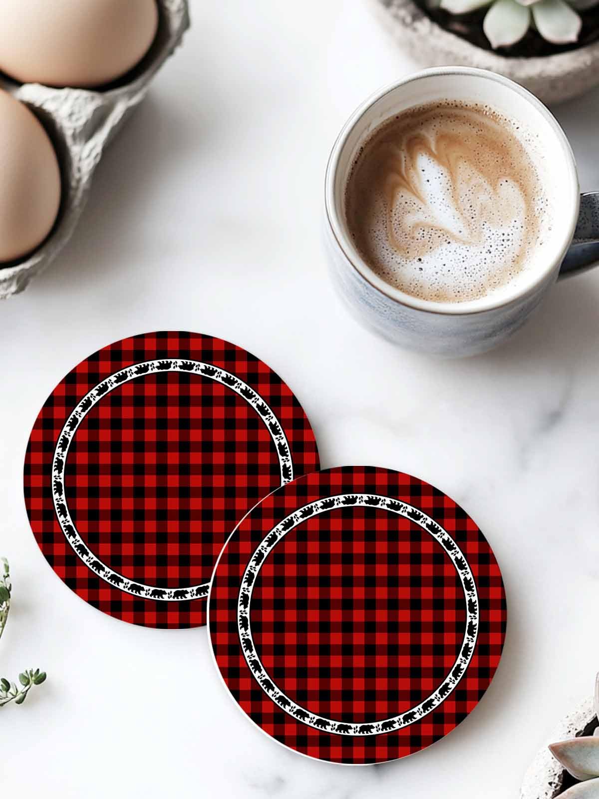 Red Black Buffalo Plaid Set of 6 Absorbent Stone Ceramic Coasters with Holder U517