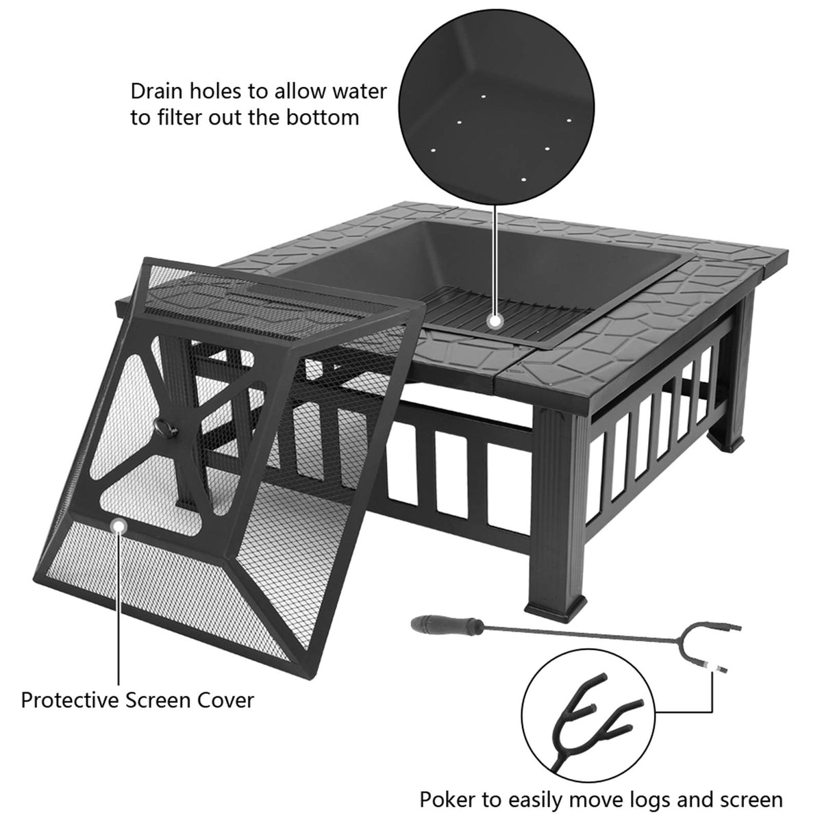 32-inch Metal Outdoor Fire Pit with Fireplace Screen L654687