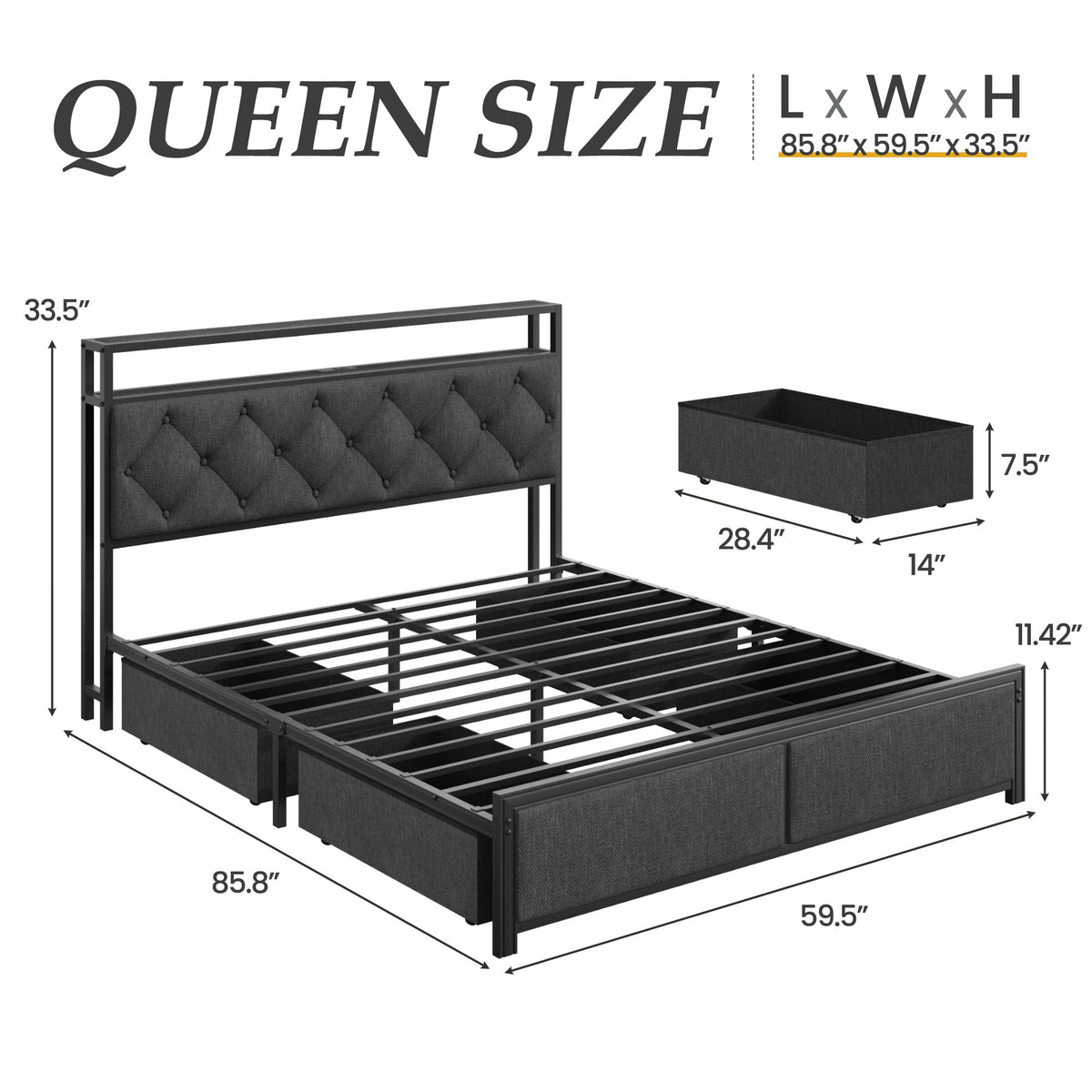Queen Size Upholstered Bed Frame with 4 Drawers and Storage Headboard J162