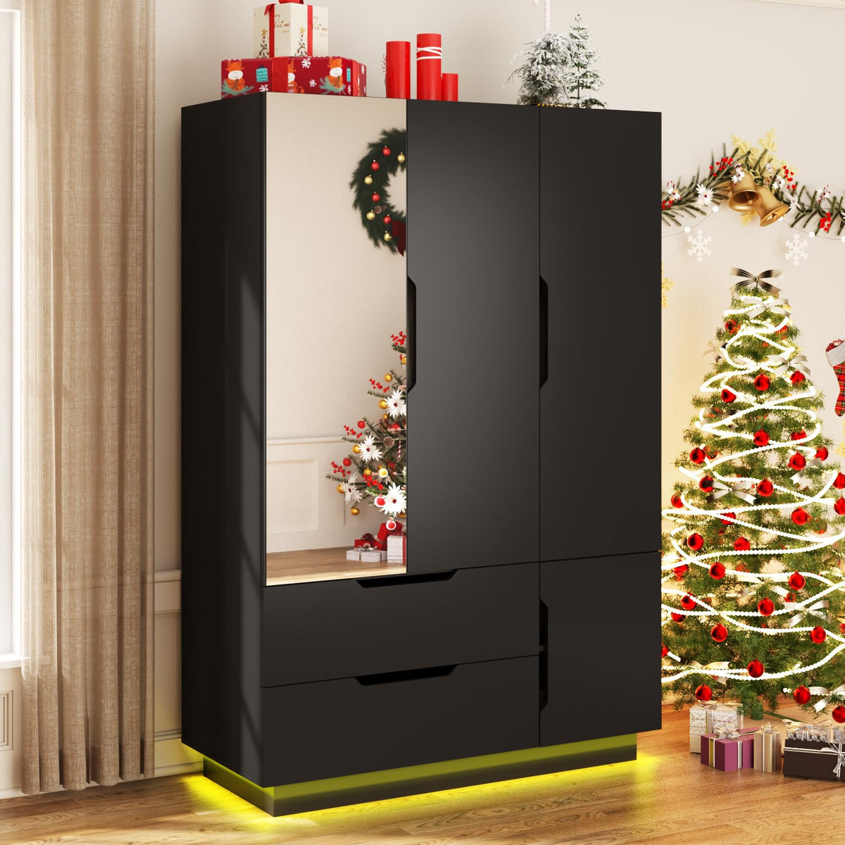 3 Doors Armoire Wardrobe Closet with Mirror, 2 Drawers, LED Light, Hanging Rod, Black E27424